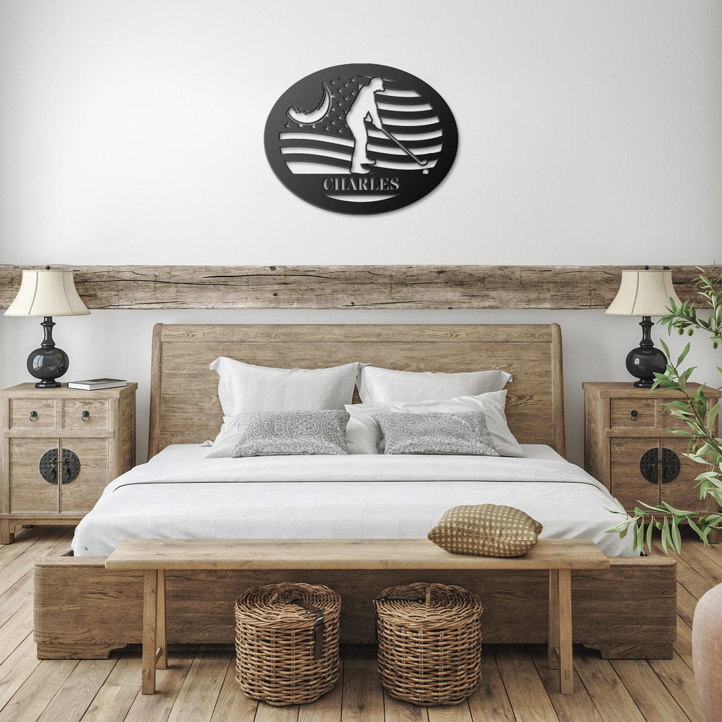 Golfer with flag metal art sign