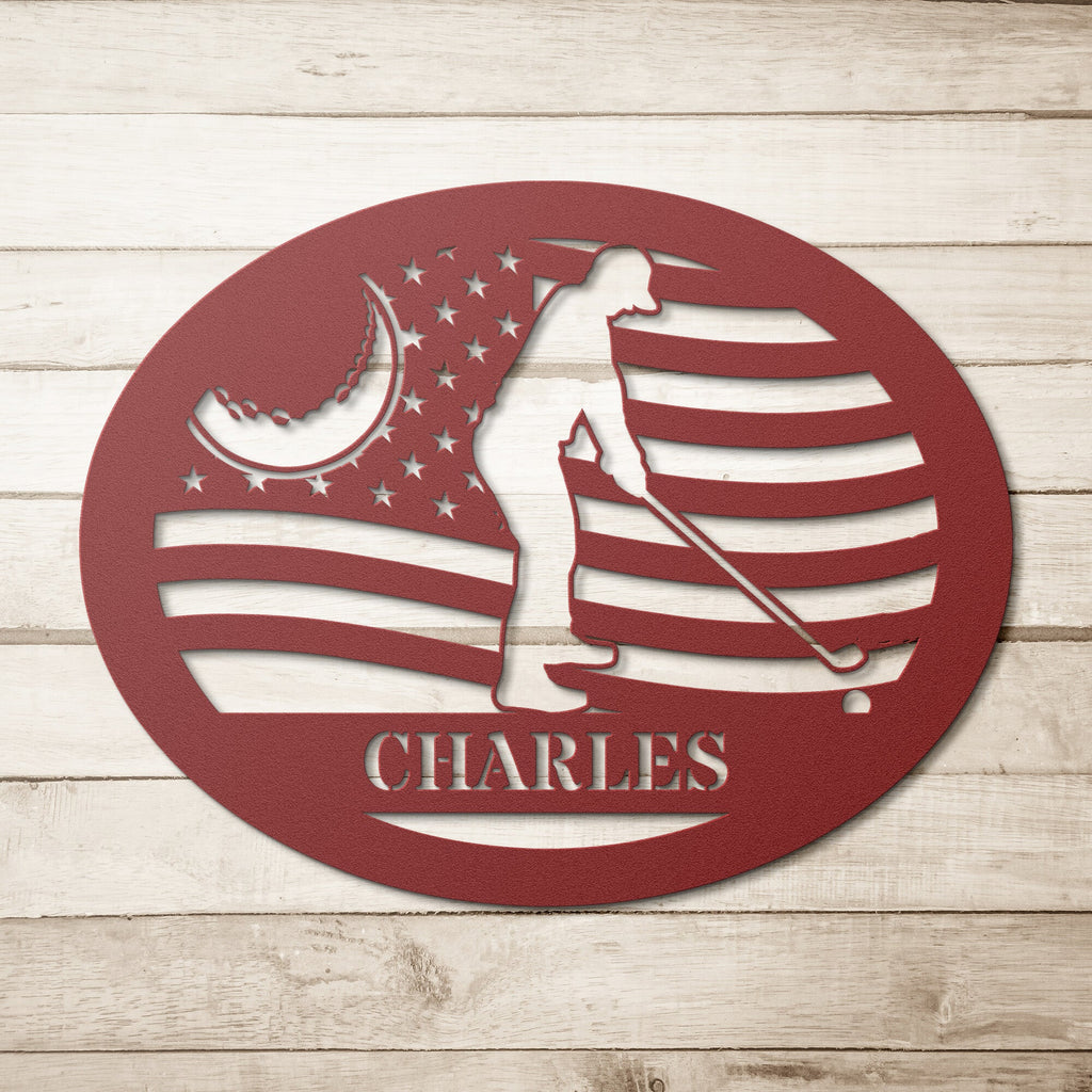 Golfer with flag metal art sign